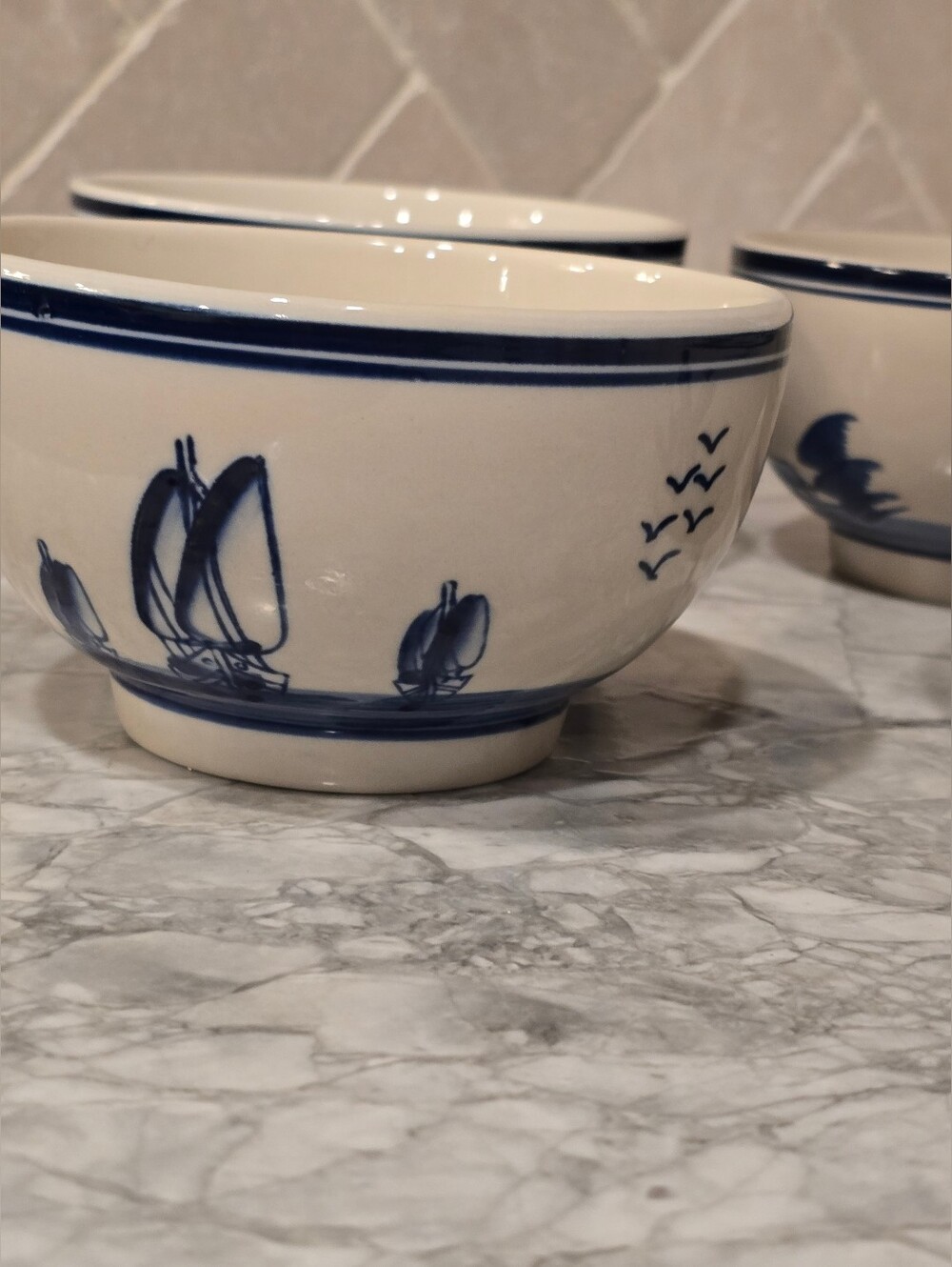 Vintage Delft Style Cereal Soup Bowls Blue Sailboat Windmill Dishes Coastal